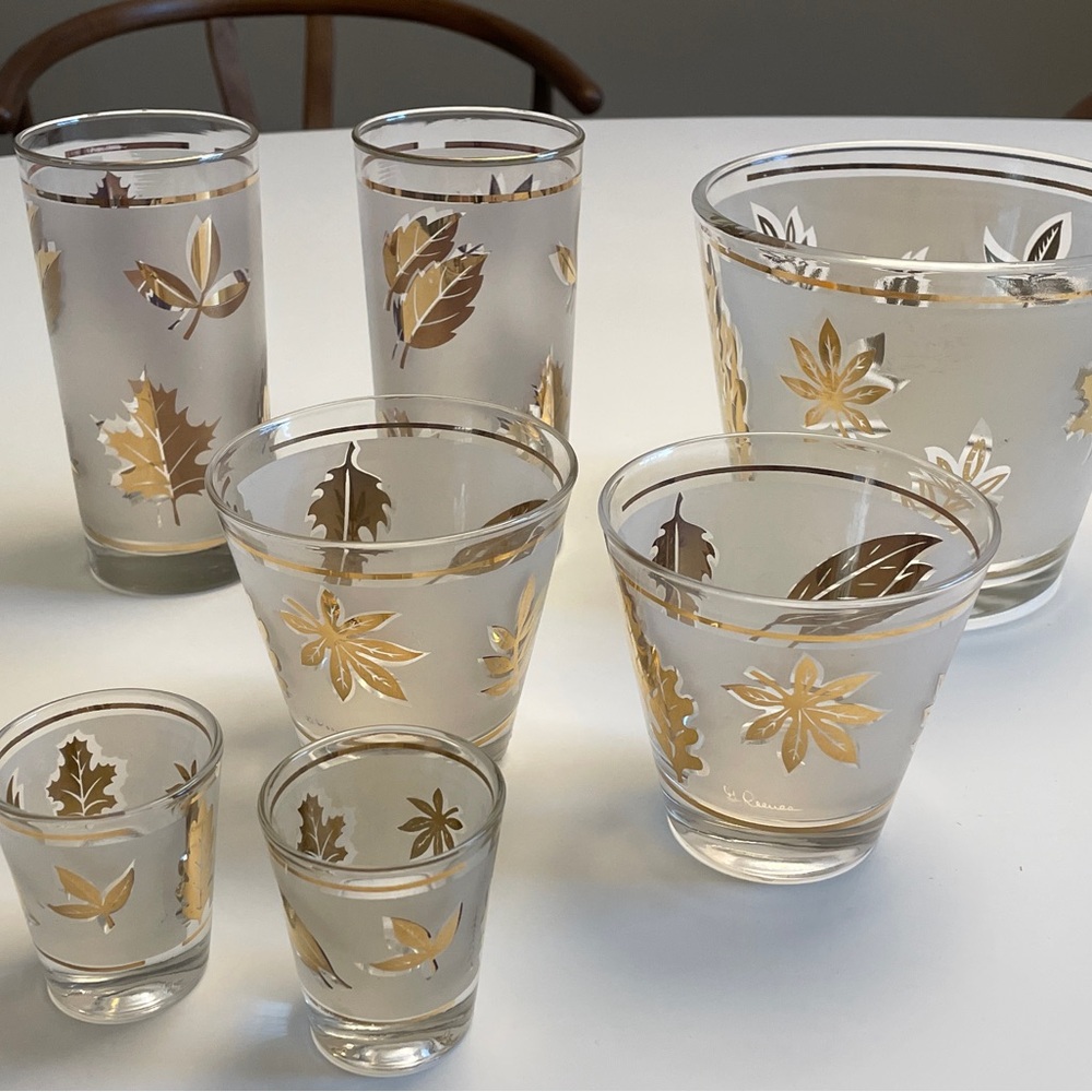 Vintage Libbey Golden Foliage Glassware Set MCM Gold Leaf Ice Bucket 7pc - Picture 5 of 11